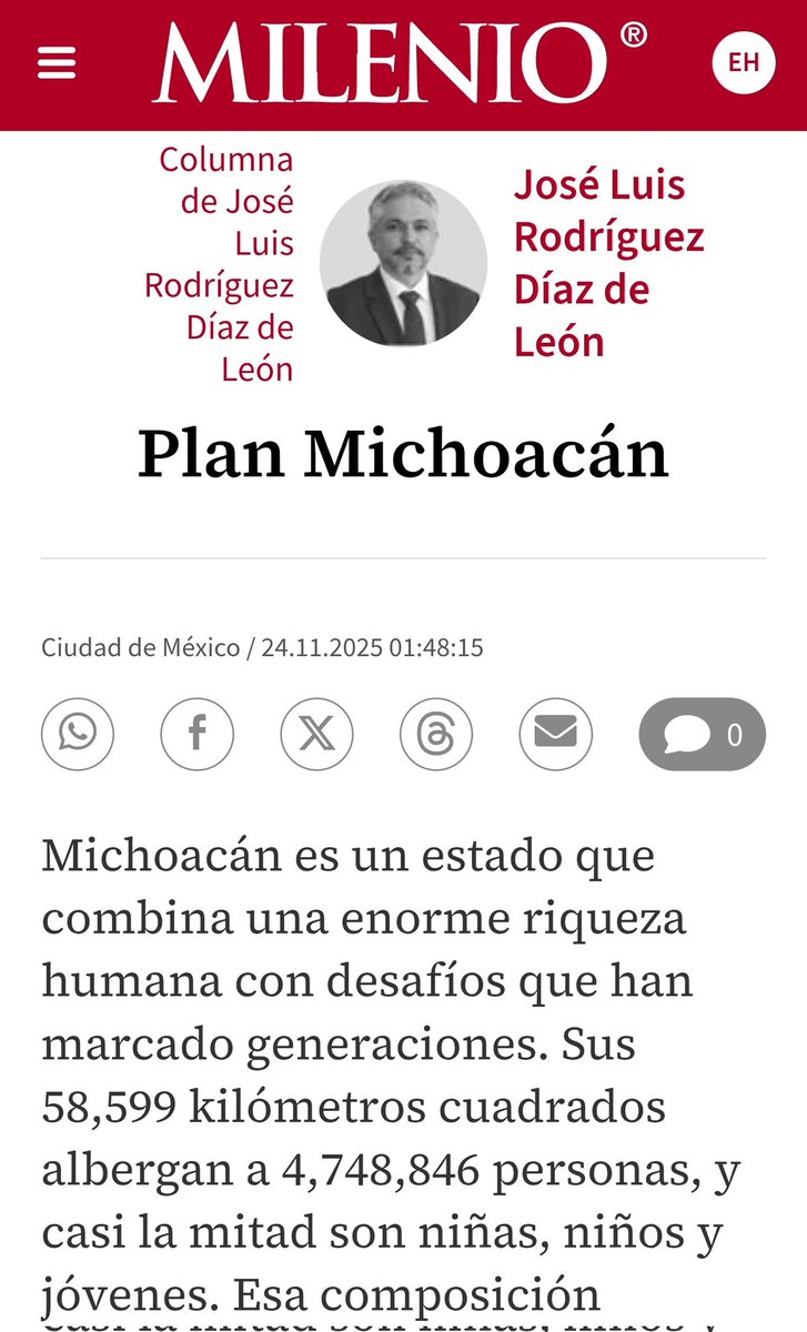Michoacán tiene historia, recursos y talento. Pero también desafíos que exigen compromiso y visión. En mi columna en <a href="/Milenio/">Milenio</a> reflexiono sobre cómo el Plan Michoacán por la Paz y la Justicia, impulsado por la Presidenta <a href="/Claudiashein/">Claudia Sheinbaum Pardo</a> y el Secretario de la <a href="/SSPCMexico/">Secretaría de Seguridad y Protección Ciudadana</a>, <a href="/OHarfuch/">Omar H Garcia Harfuch</a>,