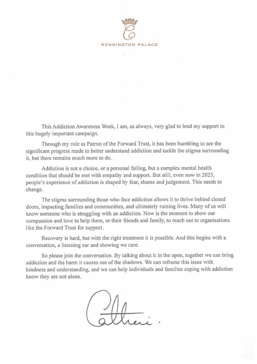 Gertsroyals's tweet image. Letter by Princess Kate, patron of @ForwardTrust, to mark #AddictionAwarenessWeek