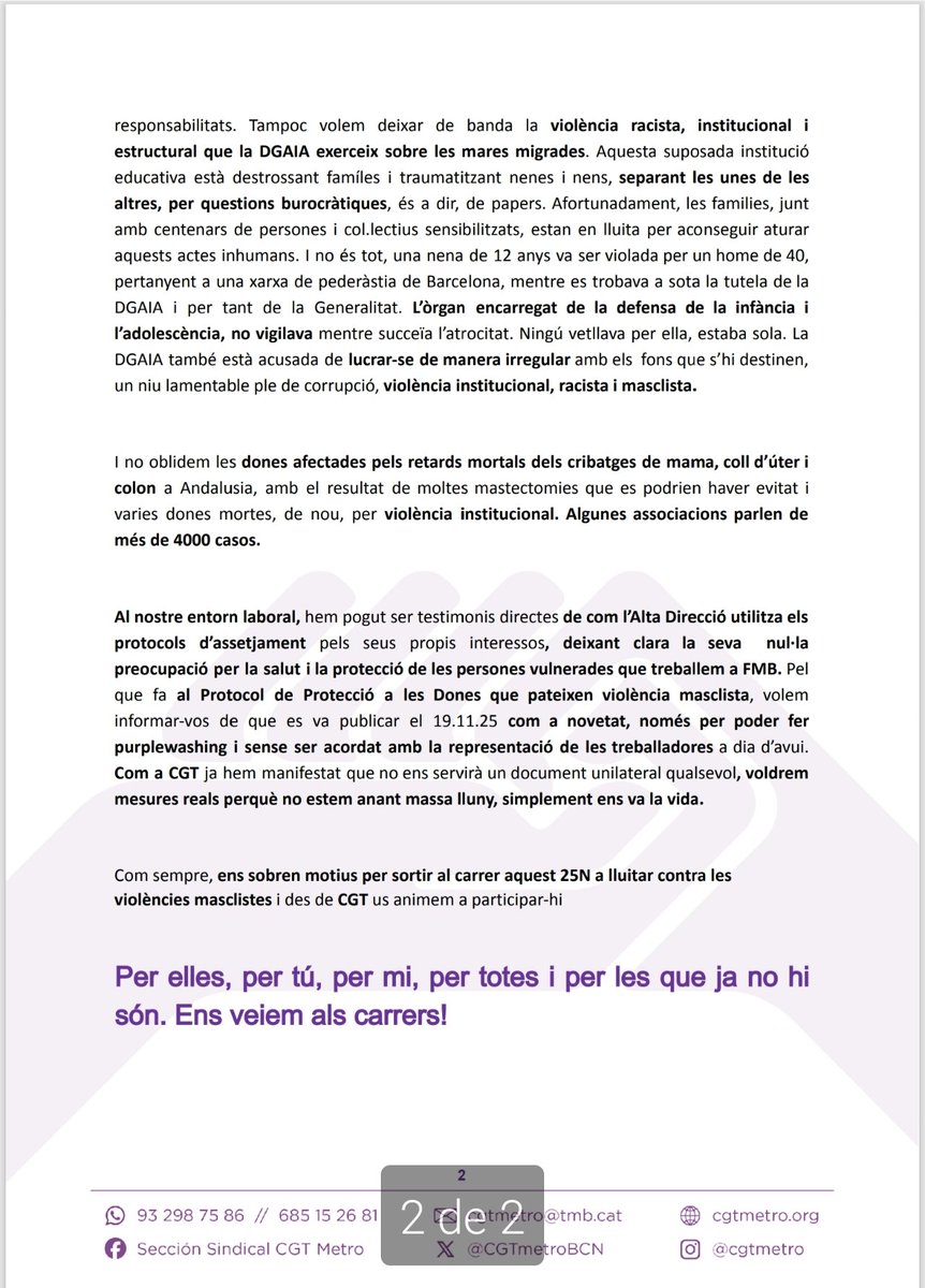 CGTmetroBCN's tweet image. La Direcció fa purple washing sense  solucionar els problemes ⚫⚫🟣🟣
Demà a les 18.30h a Plaça Universitat 
Contra les violències masclistes