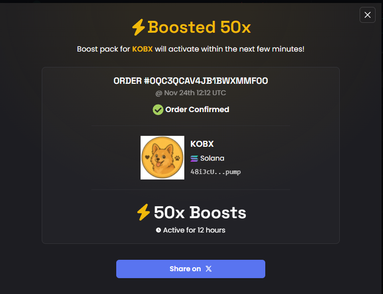 As promised, once we hit another ATH, we would add a boost and here it is. We continue to deliver on our word and strengthen the project step by step.

Total of 100x boost right now.

$KOBX #KOBECOIN

CA : 48iJcUv9jsiZ7cCisyVFLPFLMoNBKg3L43bRvktXpump