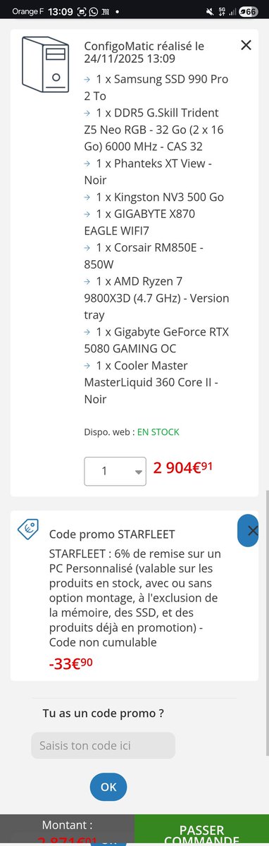ChulakDC's tweet photo. @TopAchat Allez je continue à vous embêter avec mes questions 😬
En entrant le code il me met que 34€ de remise sur une config a quasi 3000.
La mémoire rentre pas dans le compte mais ça reste quand même bas, est-ce que c'est psk le proco et la CG sont marqués "vente flash"? https://t.co/3kLBXoZO6j