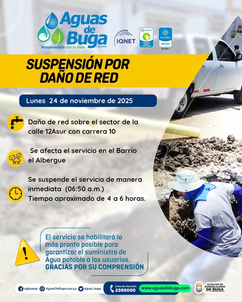 OjosDeBuga's tweet image. #BUGA

SUSPENSIÓN POR DAÑO EN LA RED DE ACUEDUCTO POR DAÑO EN LA RED EN EL BARRIO EL ALBERGUE
