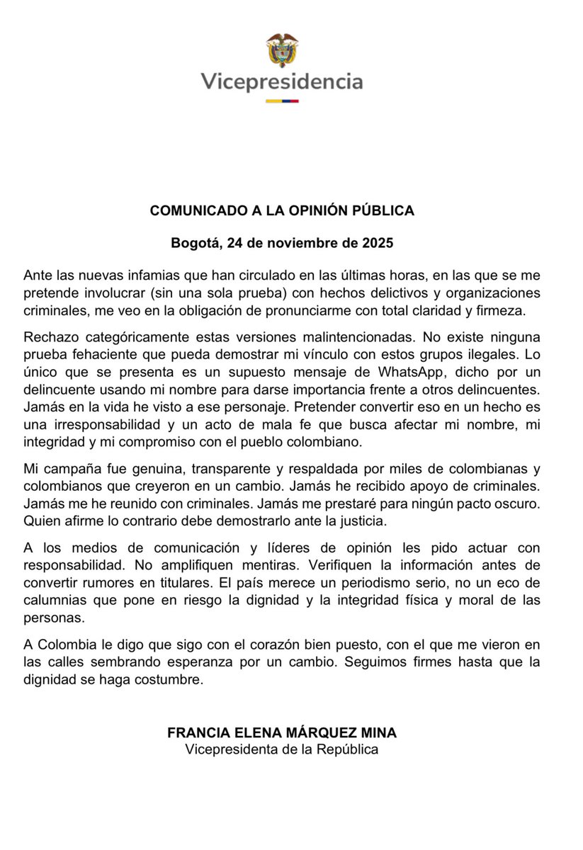 JoseMAcevedo's tweet image. Se pronuncia la vicepresidenta @FranciaMarquezM . ¿Qué opinan?