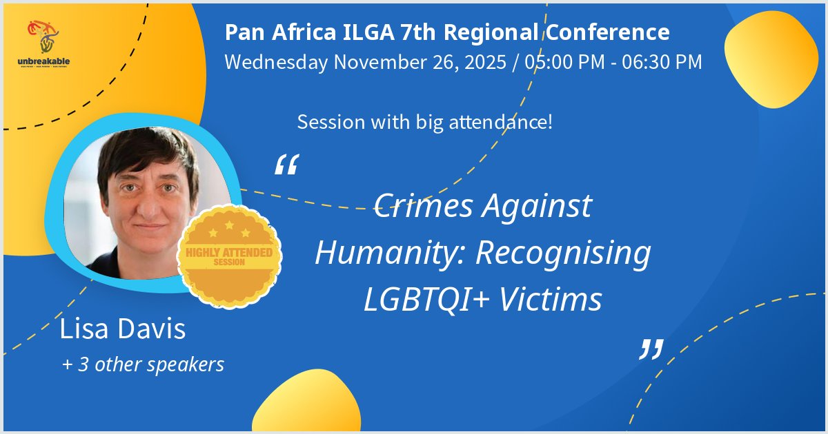 lisadavisnyc's tweet photo. I will give a talk at Pan Africa ILGA 7th Regional Conference on Crimes Against Humanity: Recognising LGBTQI+ Victims. Hoping for a great turnout! #PAI7thRegionalConference #Unbreakable - via #Whova event app https://t.co/I2jBNq3Zg6