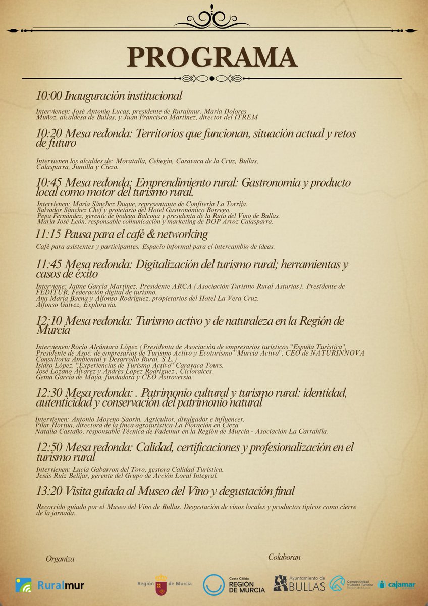 🌄 El turismo rural murciano tiene mucho que decir.
Participa en el I Congreso de Turismo Rural: ideas, ponencias, networking y mucha inspiración 🌿🤝

📅 29 de noviembre
📍 Museo del Vino Bullas 
🔗 Inscripción gratuita: forms.gle/6hLg6qBAgUod47…