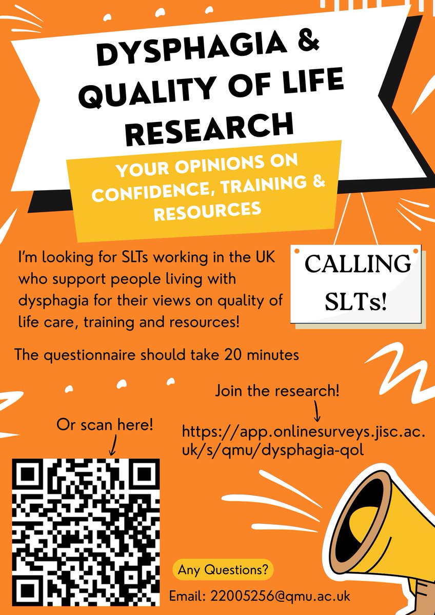 JessRobinson427's tweet image. My final year research project is looking into SLTs views around supporting quality of life with patients who have dysphagia. I would love to hear your opinions!

Join the research here: app.onlinesurveys.jisc.ac.uk/s/qmu/dysphagi…

Thank you!