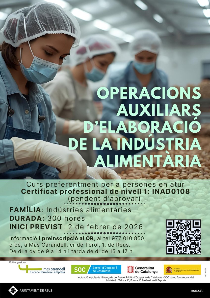 Mas_Carandell's tweet image. ℹ️Sessió informativa del curs d&apos;Operacions aux. d&apos;elaboració de la indústria alimentària
➡️Certificat professional 1
🫒Col·labora #GrupUnió
📅Dc, 26/11, a les 10.30h a #MasCarandell
 🔎Info i preinscripció al curs🔗 
mascarandell.cat/cursos/25045_o…
#formació #ods4 #ocupació #INAD0108