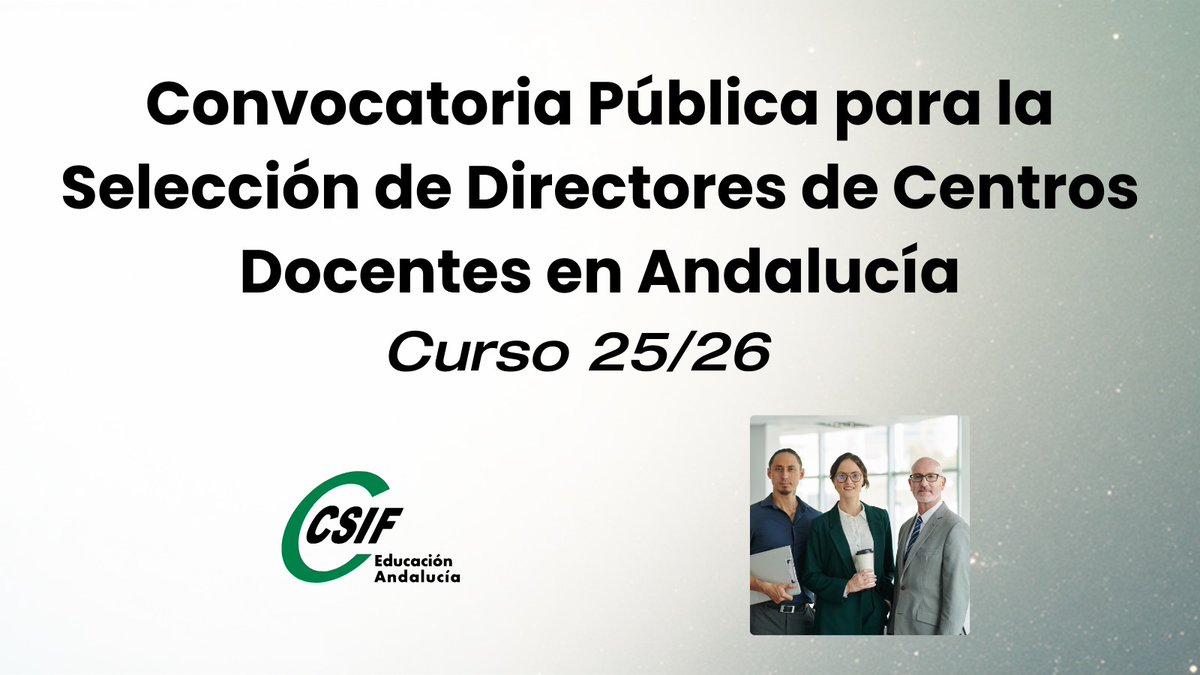 CSIFenseA's tweet image. 📢 SELECCIÓN DE DIRECTORES/AS DE CENTROS DOCENTES 2025/2026 - CONCURSO DE MÉRITOS

Ya se ha publicado la convocatoria para el acceso a la función directiva.
🗓️ PLAZO DE SOLICITUDES: del 3 al 17 de diciembre de 2025.

📚En nuestra web encontrarás dos documentos esenciales que…