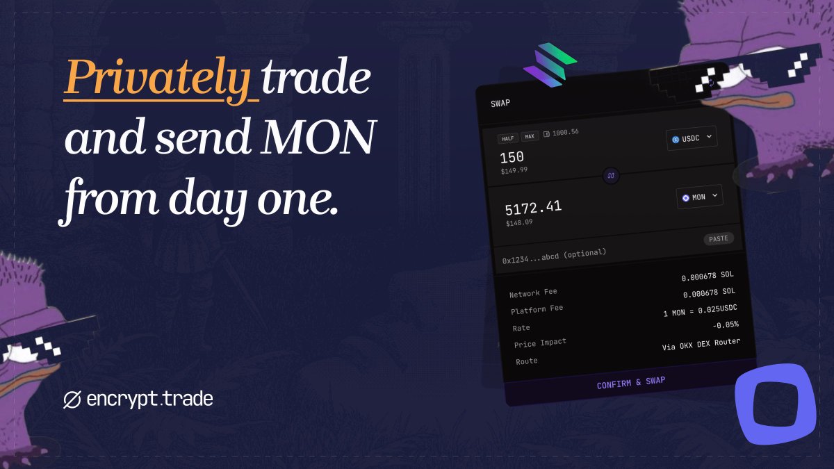encifherio's tweet image. Privately buy and send $MON on @solana from day one.

Trade it, move it, hold it - all without eyes upon you.

Power of composable privacy, now opening the door for @monad