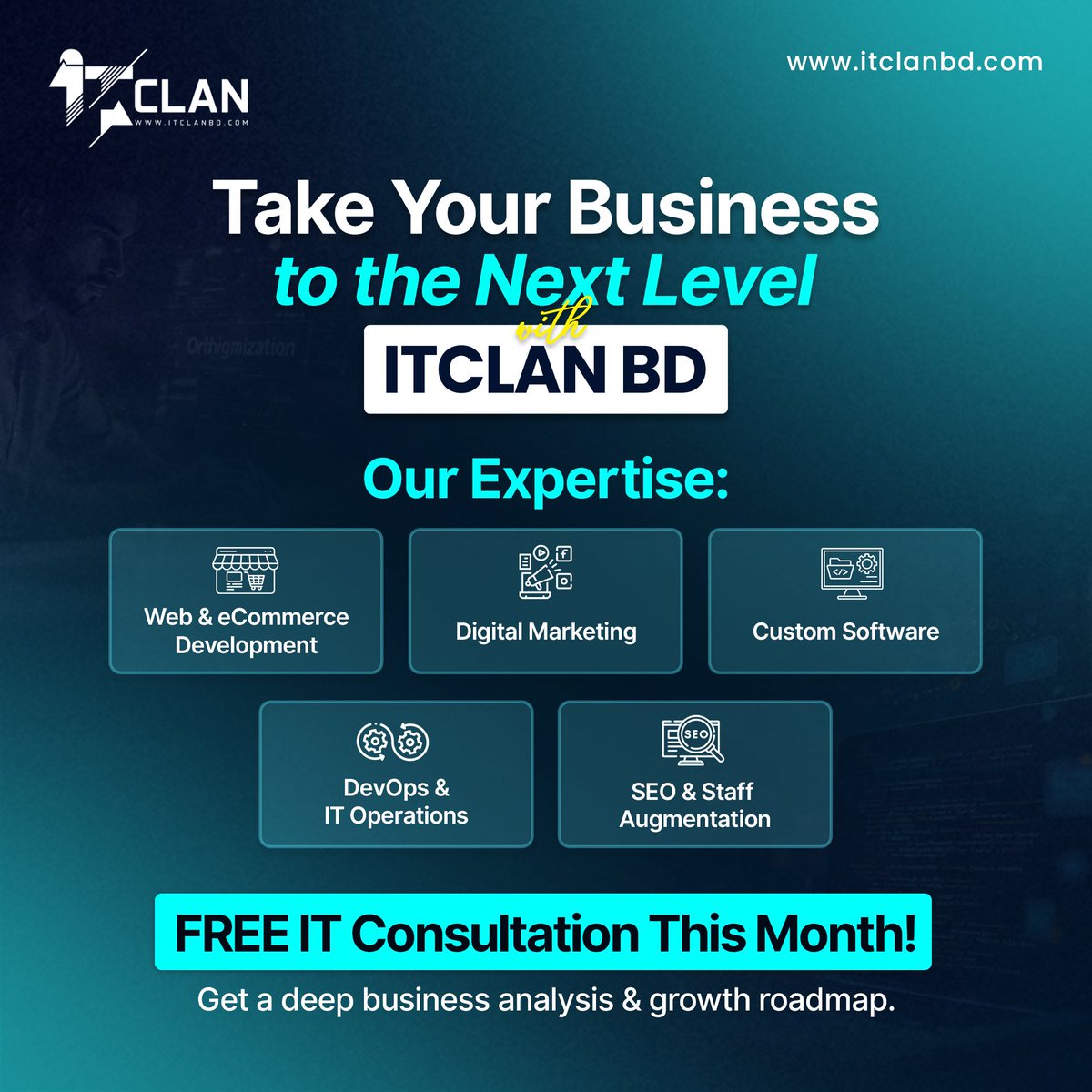 itclanbd's tweet image. Have you ever felt that your business could grow faster if you had the right technology or support?
That’s exactly where ITclan BD comes in. We help businesses of all sizes grow smarter, faster, and more efficiently. 🚀

👉 itclanbd.com