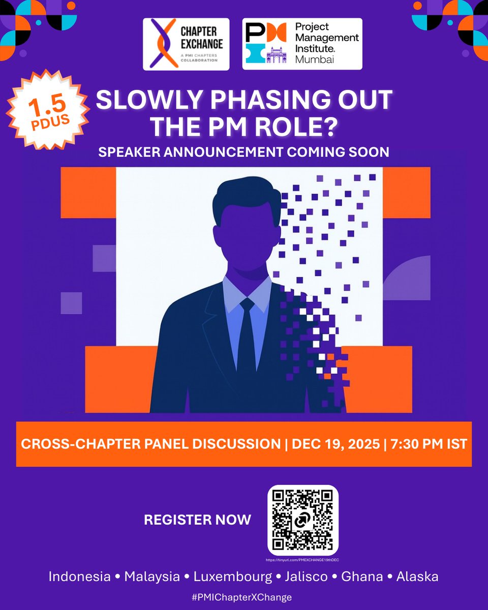 PMIMC's tweet image. Is the Project Manager role disappearing? 👀
AI, Agile &amp;amp; automation are changing the game.
Evolving… or phasing out?
🎙 Global debate on the Future of PM
🗓 19 Dec | 7:30 PM IST
🔗 airmeet.com/e/1c642110-c5d…
#PMIChapterXChange #FutureOfPM