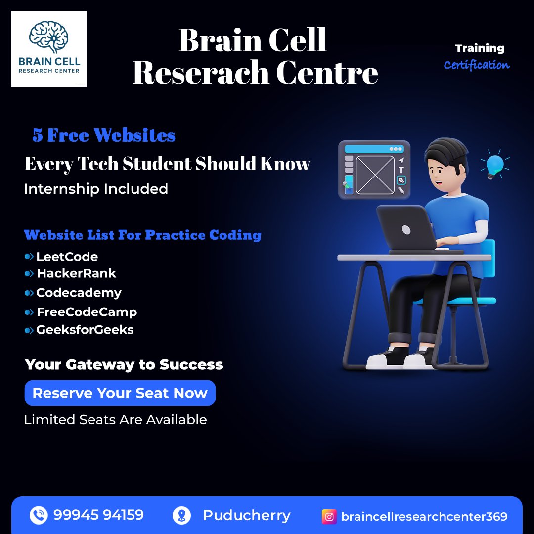 Braincell369's tweet image. 5 Free Websites Every Tech Student Should Know.
 These platforms help you practice, learn, and prepare for top tech opportunities — and the best part? 
They&apos;re FREE!
#BrainCellResearchCentre #CodingStudents #TechTraining #LearnToCode #InternshipProgram
#PuducherryTraining.