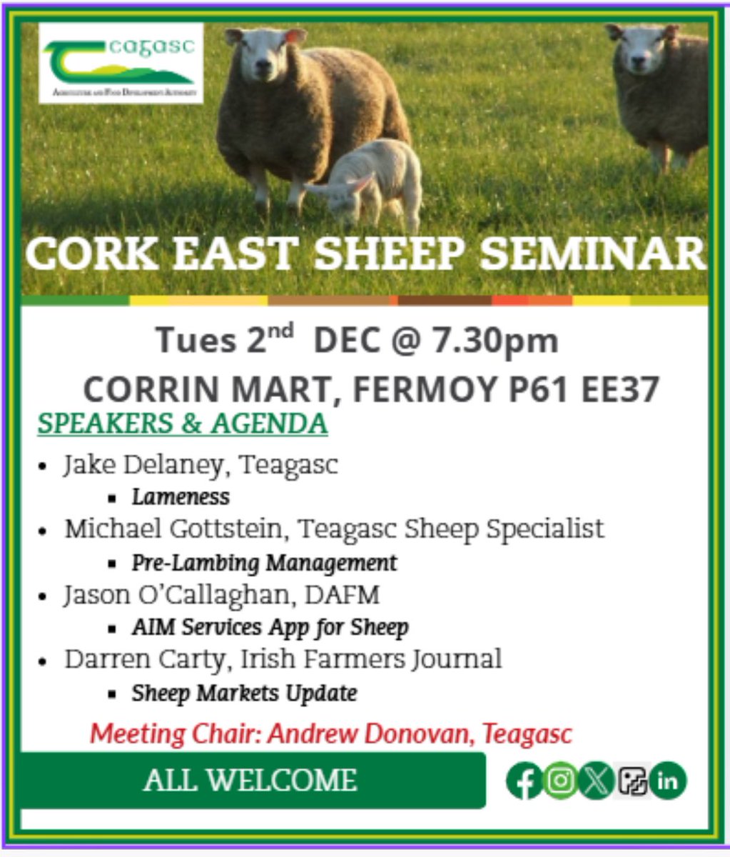 Upcoming sheep seminar ‼️‼️‼️
🗓️Tues Dec 2nd
⏰7.30
📍Corrin Mart,Fermoy
Teagasc &amp; Industry Experts will update on latest research &amp; market outlook.DAFM update on AIM services for sheep app
‼️‼️Free Event OPEN TO ALL ‼️‼️