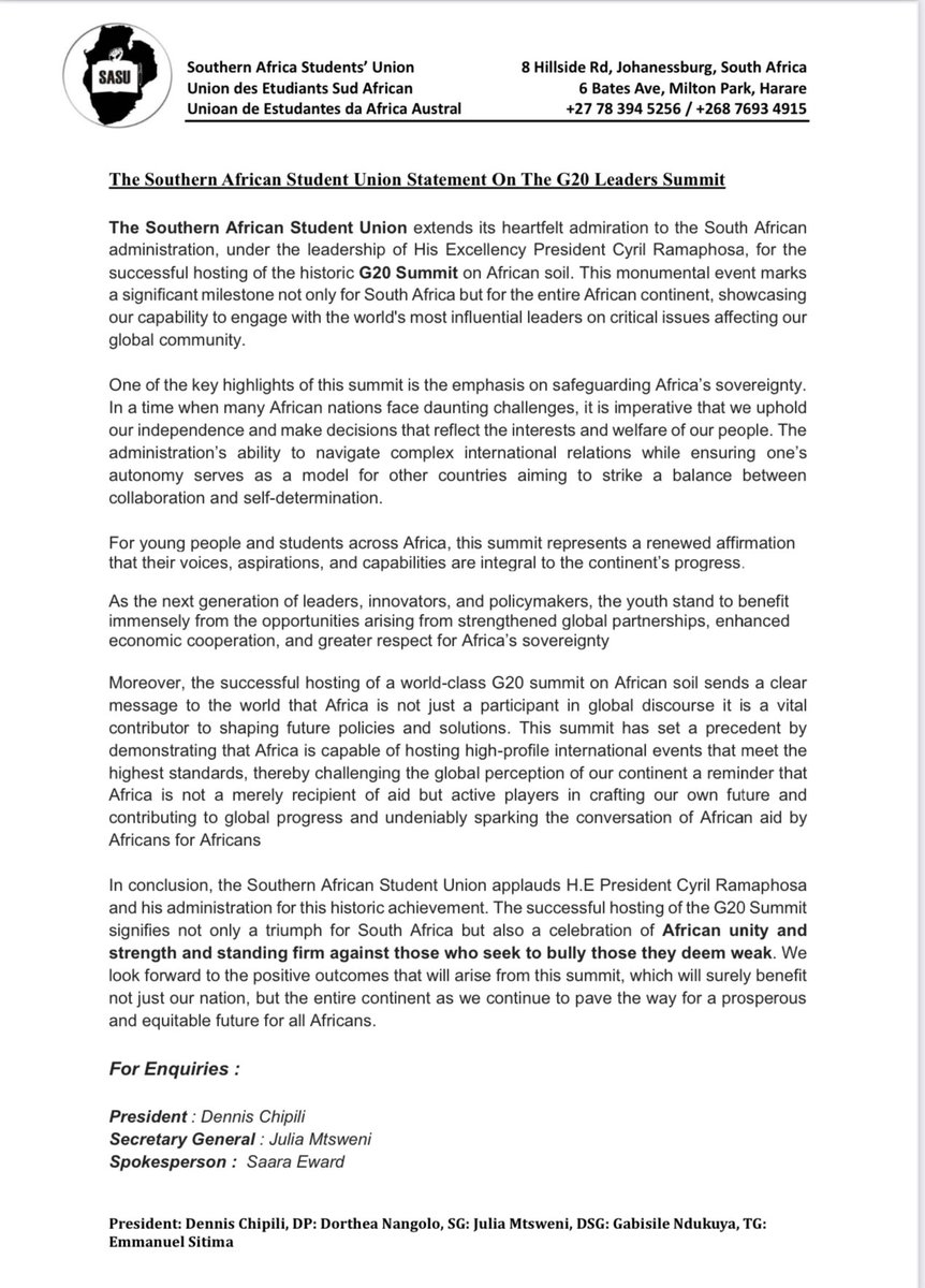 SASUnion's tweet image. The Southern African Student Union Statement G20 Summit Leaders Summit

#G20Summit 
#SASU25