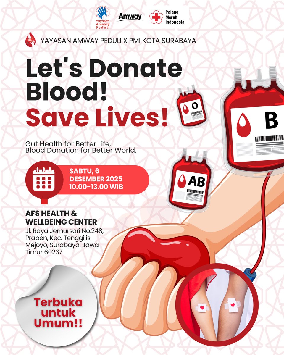 Yayasan Amway Peduli bersama PMI Kota Surabaya mengajak kamu untuk berdonasi darah dan menyelamatkan lebih banyak nyawa.

Let’s donate blood, save lives! 🩸
📍 AFS Health &amp; Wellbeing Center
🗓️ Sabtu, 6 Desember 2025
⏰ 10.00–13.00 WIB

#PMISelaluBantu #DonorDarah