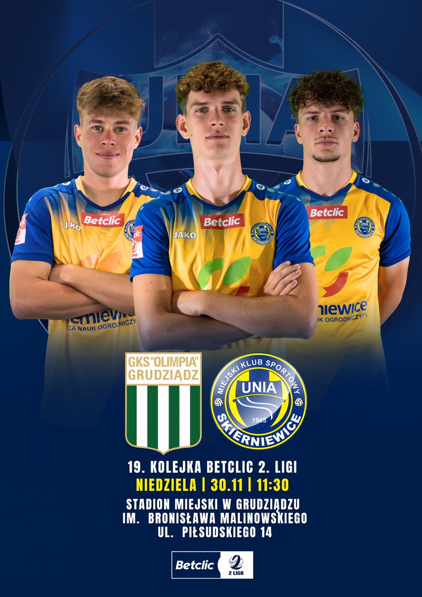 Przed nami ostatni mecz w tym roku ❗
W niedzielę, 30 listopada walczymy na wyjeździe z Olimpia Grudziądz Bądźcie z nami! Po swoje ⚪🔵🟡