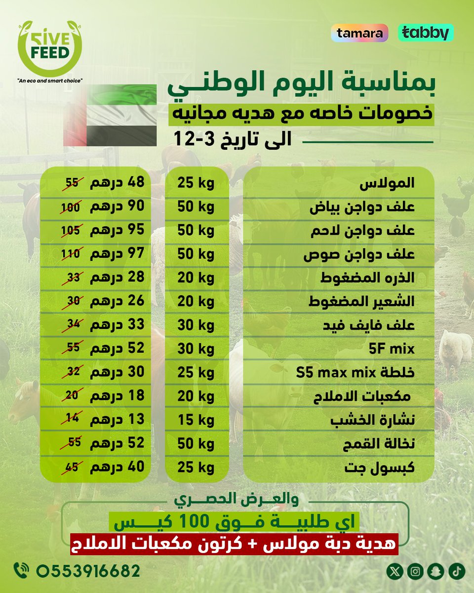 خصومات خاصه بمناسبه اليوم الوطني ٥٤ 🇦🇪🇦🇪
شركه فايف فييد لتجاره الاعلاف بخدمتكم 
📲0553916682
#اليوم_الوطني_٥٤
#اعلاف_الامارات_فايف_فيد 
#اعلاف #اعلاف_الامارات #أعلاف_الإمارات #اعلاف_الامارات_ابوظبي