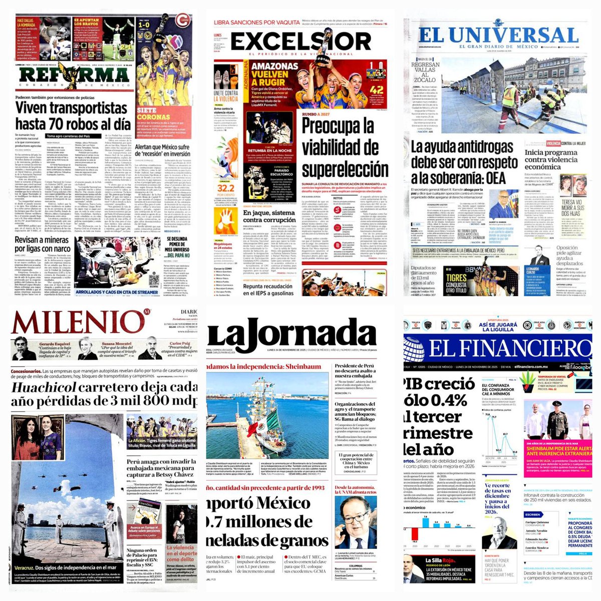 daniellemx_'s tweet image. Prensa en México ... #Reforma #ElUniversal #Excélsior #Milenio  #LaJornada #ElFinanciero #24noviembre2025