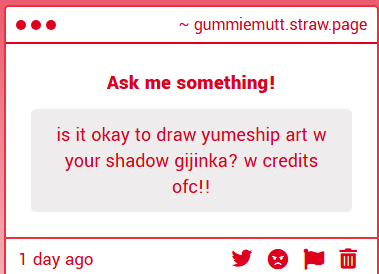 "is it okay to draw yumeship art w your shadow gijinka? w credits ofc!!" -> Yeah sure go ahead. gummiemutt.straw.page