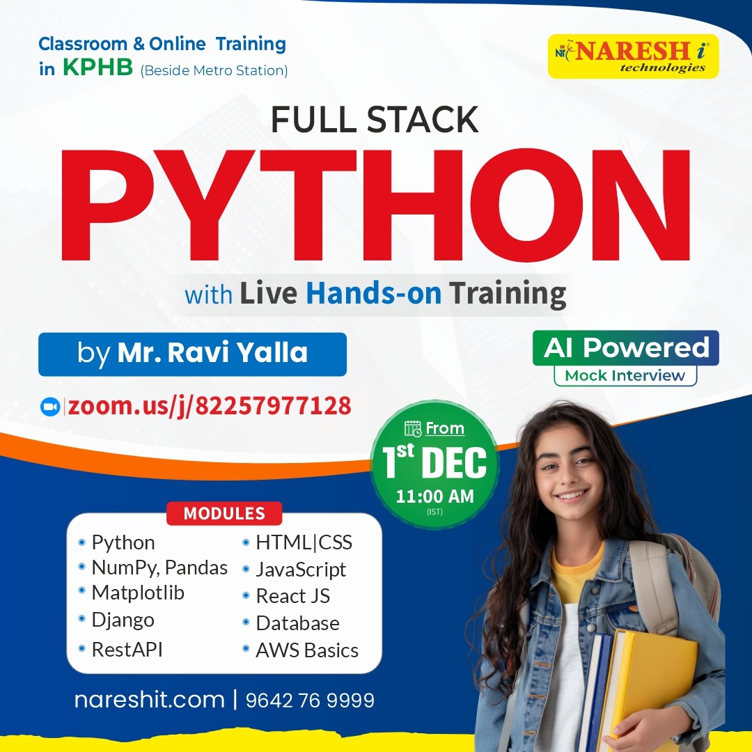 nareshitech's tweet image. 🌟 Become a Job-Ready Full Stack Python Developer!

👉 Register Now: t.ly/FSPython-1D

👨‍🏫 Trainer: Mr. Ravi Yalla
📅 Date: 1st December 2025⏰ Time: 11:00 AM (IST)

#NareshIT #FullStackPython #PythonDeveloper #PythonTraining #Django #ReactJS