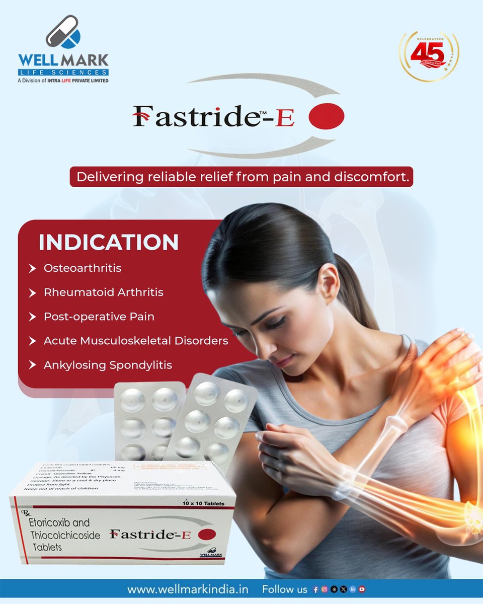wellmarkindia's tweet image. FASTRIDE-E relieves pain and inflammation, improving recovery and mobility in arthritis and musculoskeletal conditions.

For business enquiries
📞 Call: +91-9831149528
🌐 Visit our website: wellmarkindia.in

#wellmark #PainRelief #JointHealth #ArthritisRelief
