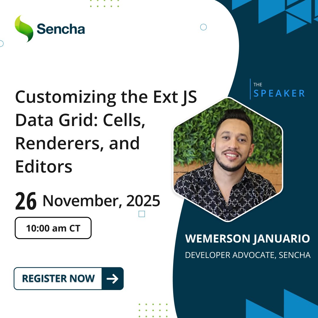 Sencha's tweet image. ⏳ Only 2 days left!
Level up your Ext JS Data Grid skills — custom cells, renderers, editors &amp;amp; more.
Perfect for dashboards + large data apps.

Seats nearly full → Register now :  bit.ly/47CHxBu 

#ExtJS #Sencha #JavaScript #FrontendDev #WebApps