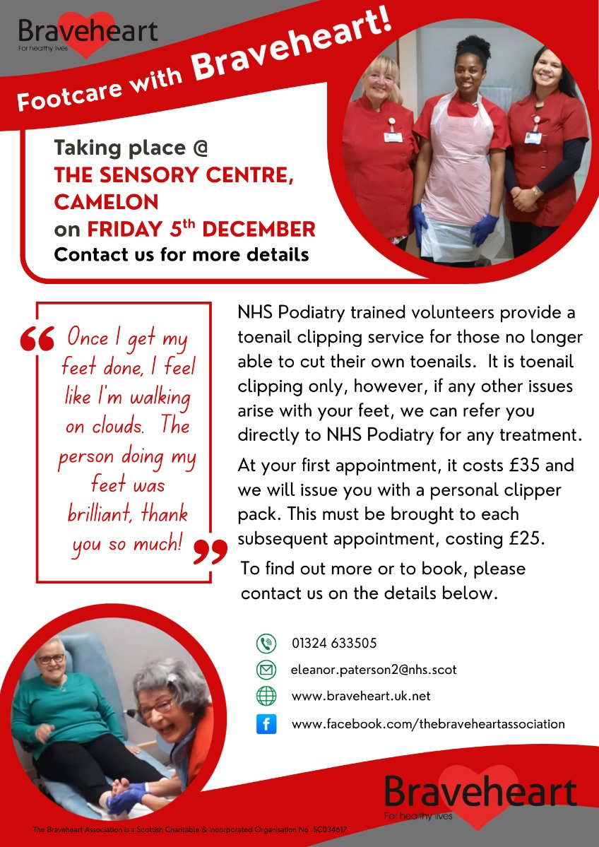 SDSFVILA's tweet image. 🦶 Footcare with Braveheart
Toenail clipping service by NHS Podiatry–trained volunteers.
📍 Sensory Centre, Camelon
📅 Fri 5 Dec

💷 £35 first visit (includes clipper pack)
£25 follow-ups
📞 01324 633505
📧 eleanor.paterson2@nhs.scot

#Footcare #Braveheart #ForthValley