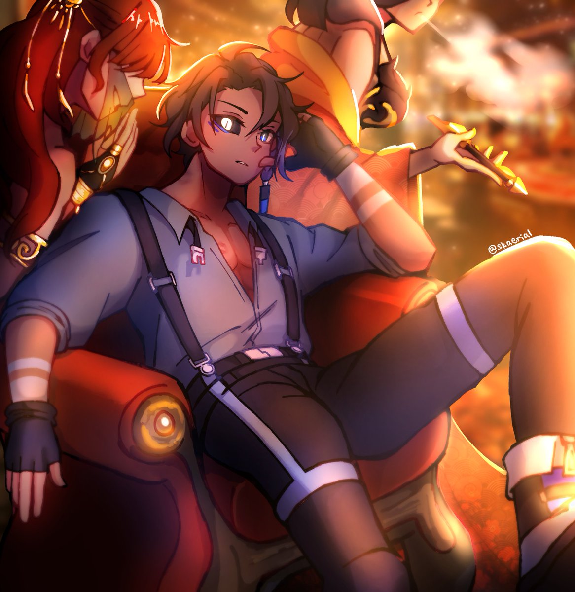 "Simple pleasures allowed him a moment of respite in the pressuring high stakes gamble of organized crime. Deimos, luckily enough, was never short of temporary companions seeking a night with him."

ft. <a href="/Elgatofx_/">El💜 || Comms open!</a> &amp; irene's OCs!! ily guys 💖

#skaeocs #ocart #illustration