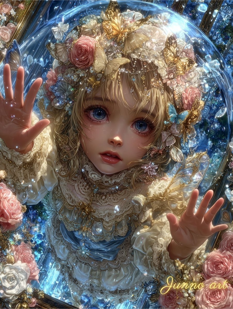 Jiyunosuke's tweet photo. Crystal Bloom Guardian ～ 水晶の咲く永住の巣

She pressed her tiny hands against the cold glass wall.   Outside, the winter night glitters.   Inside, roses never wilt, butterflies never leave,   and honey-scented light holds her gently, forever.
She is not trying to escape.   She is saying a quiet goodbye   to the world she no longer needs.
No farewell with tears.   Only a gentle promise   to remain where her heart first learned to shine.
From this morning’s golden brioche embrace…   to tonight’s crystalline vow.   The kingdom now has two faces of the same love.

#JUNNOart #CrystalBloom #FairyArt #EternalHome #GoodbyeToTheWorld #FantasyArt #AIart