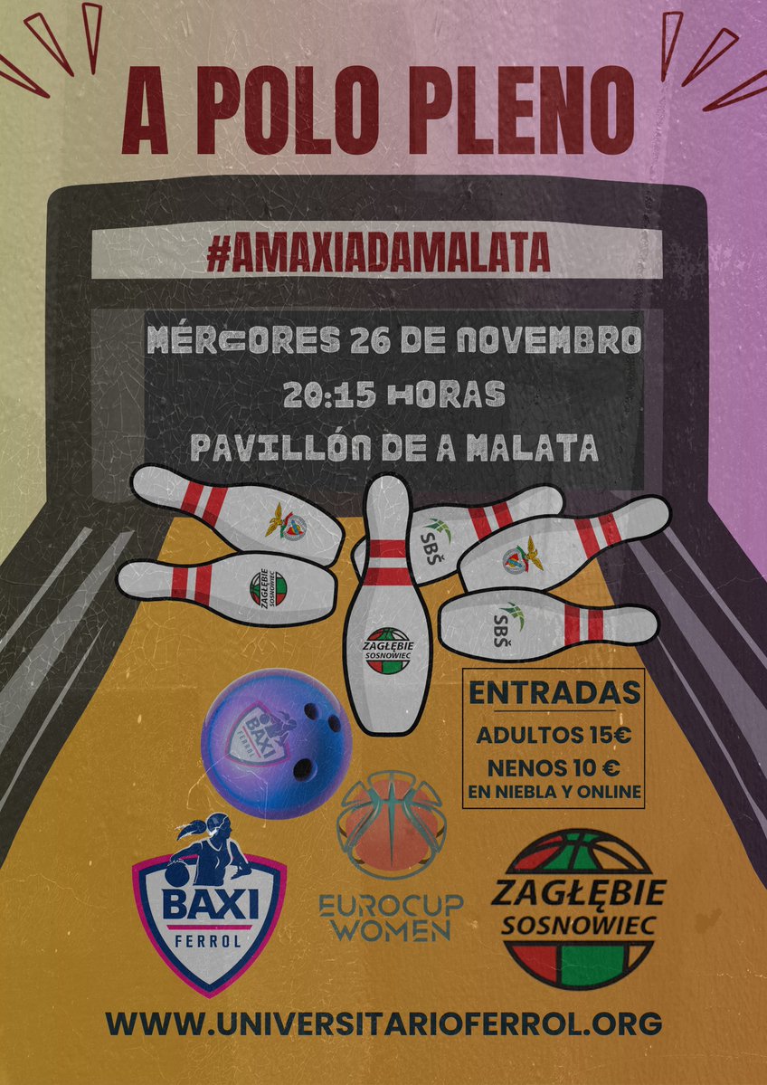 🎳 A polo pleno na Malata!

Este mércores 26 ás 20:15h temos unha cita co BAXI na <a href="/EuroCupWomen/">EuroCup Women</a>  🏀🔥

BAXI Ferrol 🆚 Zagłębie Sosnowiec

📍 Pavillón de A Malata
🎟️ Entradas: 15€ adultos / 10€ nenos

Enchamos a Malata! 💙