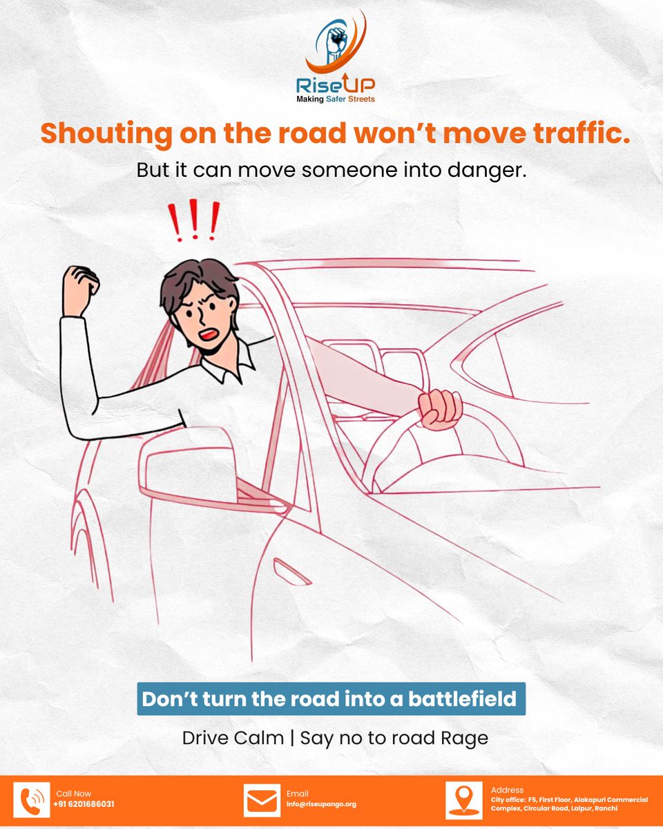 RiseUp_Ngo's tweet image. Don&apos;t turn the road into a battlefield. Choose patience over anger. Drive Calm .. Say no to road rage. Your safety, and others, depends on it.

@nitin_gadkari @ranchipolice @rishabhriseup @TrafficRanchi 
#RoadSafety #RiseUp