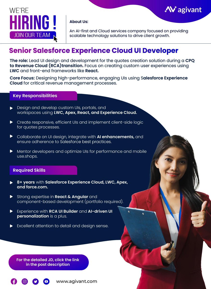 AgivantTech's tweet image. Urgent role for a Senior Salesforce Experience Cloud UI Developer! Lead UI design (8+ years experience) for our critical quotes creation solution during a CPQ to RCA transition.

Apply Now: agivant.zohorecruit.in/jobs/AgivantCa…

#SalesforceDeveloper #LWC #React  #CPQ #SalesforceJobs #Hiring