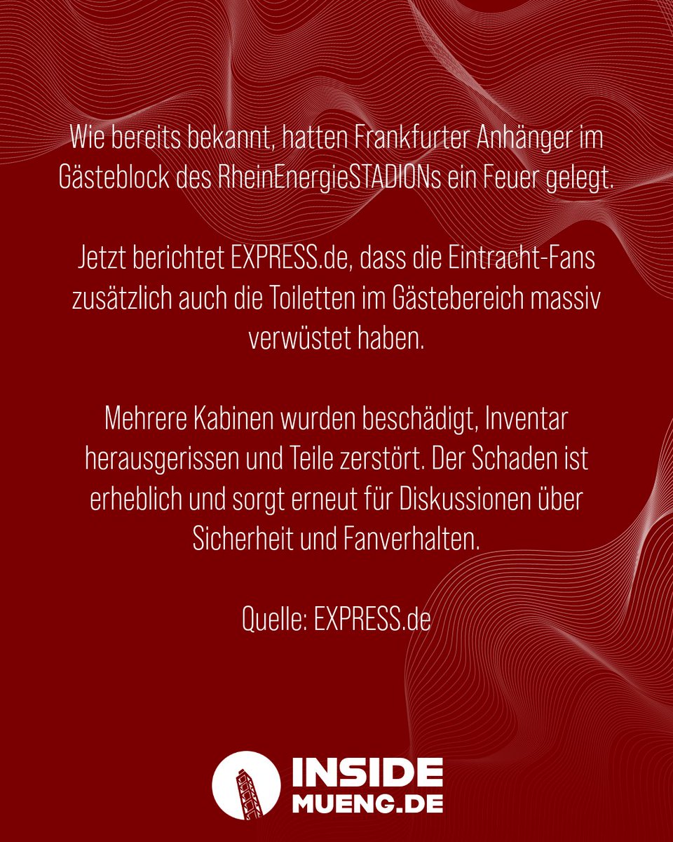 🚨 Gästeblock-Update:

Das Feuer im Gästeblock war bekannt - jetzt meldet EXPRESS.de, dass Frankfurt-Fans zusätzlich die Toiletten verwüstet haben. 

#KOESGE #Frankfurt #Bundesliga #Sicherheit