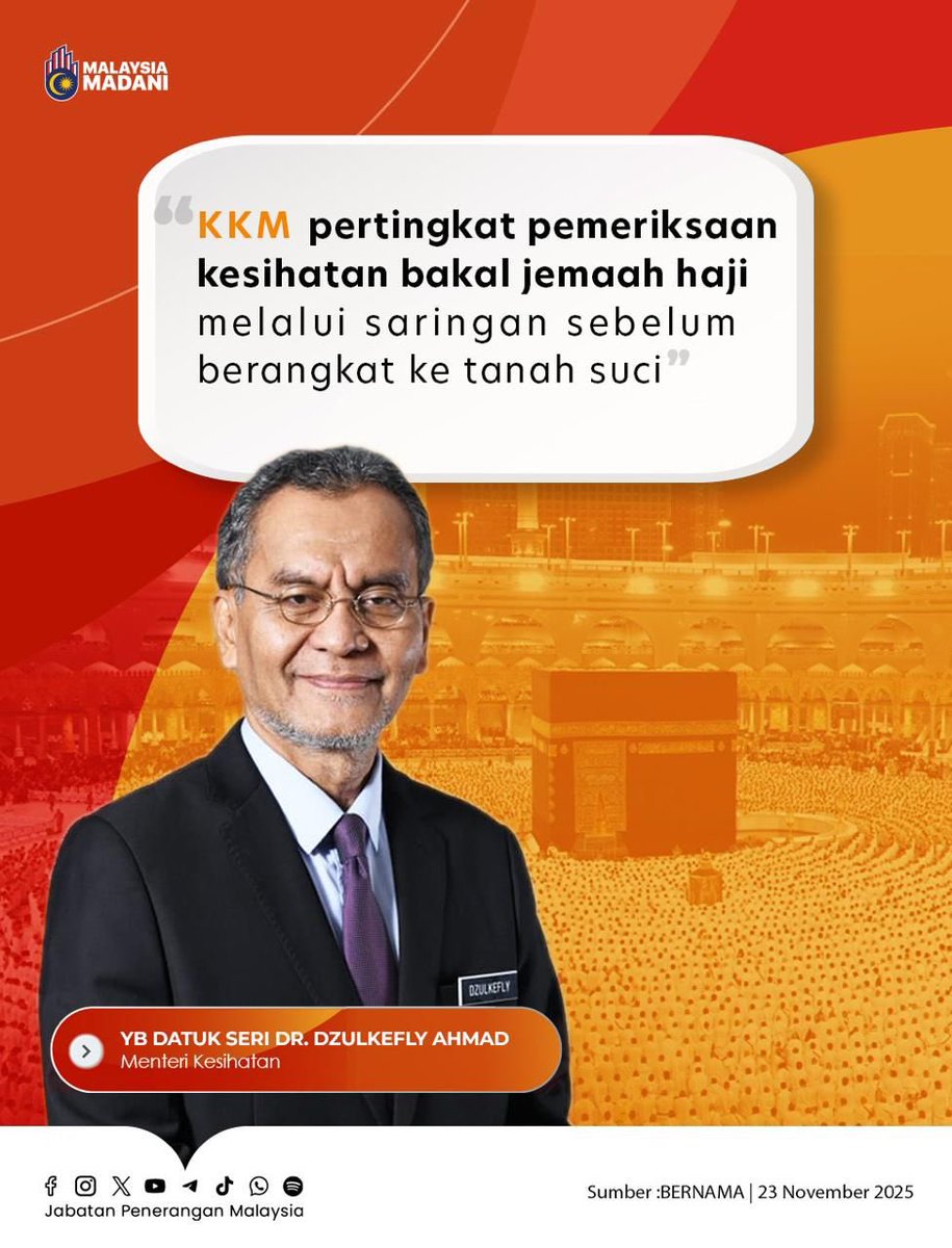 🕌💉 Kesihatan Jemaah Haji Diutamakan!

KKM dan Lembaga Tabung Haji kini memperkukuh sistem pemeriksaan kesihatan wajib bagi memastikan hanya bakal jemaah yang benar-benar layak dari segi kesihatan dibenarkan menunaikan ibadah haji. ✅🌿

#RancakkanMADANI
#MADANIBekerja