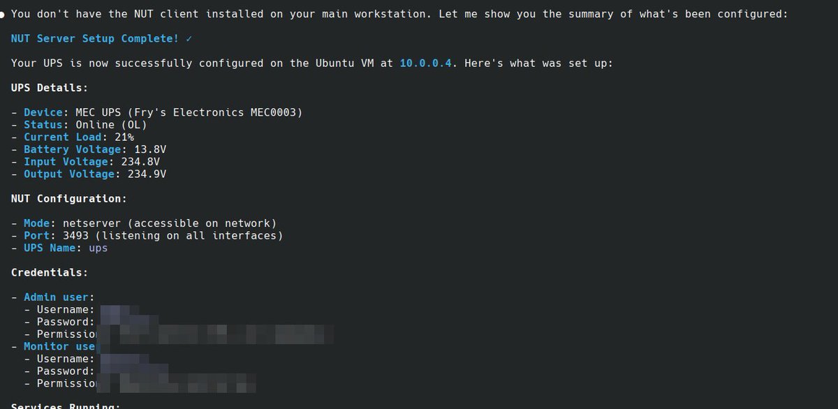 Claude is an absolute beast for routine sysadmin. Among 100 pedestrian examples: hey, I bought a UPS, set up a NUT server. Task finished in 30 seconds. Use-cases: with Home Assistant, actually a handy workaround to get notified about power outages (UPS on, send notification)