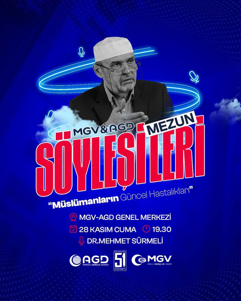 📍 MGV - AGD Mezun Söyleşileri

"Müslümanların Güncel Hastalıkları" 

🎤 Dr. Mehmet Sürmeli

📅 28 Kasım Cuma 19.30

📌 MGV - AGD Genel Merkezi

#BirYıldızınİzinde
#AdımAdımZafere