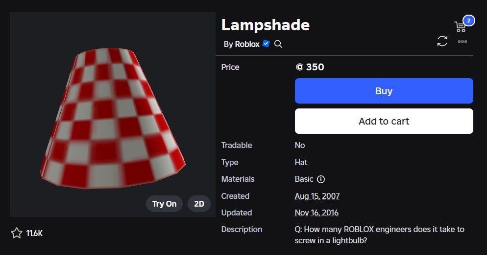 RobloxTodayES's tweet image. El segundo ítem del Black Friday de Roblox es “Pantalla de Lámpara”, que aún está disponible por 350 Robux, y también ha vuelto luego de varios años.
Pantalla de Lámpara:
roblox.com/catalog/109828…
#ROBLOX #RobloxDev #RobloxDevs #robloxevent #robloxdevelopers #Robloxstatus