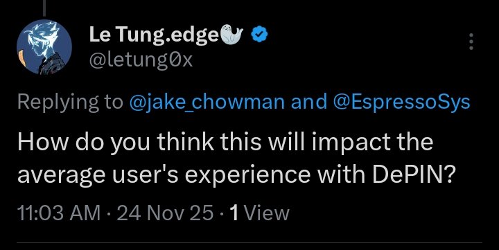 jake_chowman's tweet image. So this follower wanted to know how this will impact the average user experience so here&apos;s my response to the question 

From my POV, the @EspressoSys × NodeOps partnership is a quiet win for the average DePIN user. Why? 
Because most people don’t care about the backend generally…