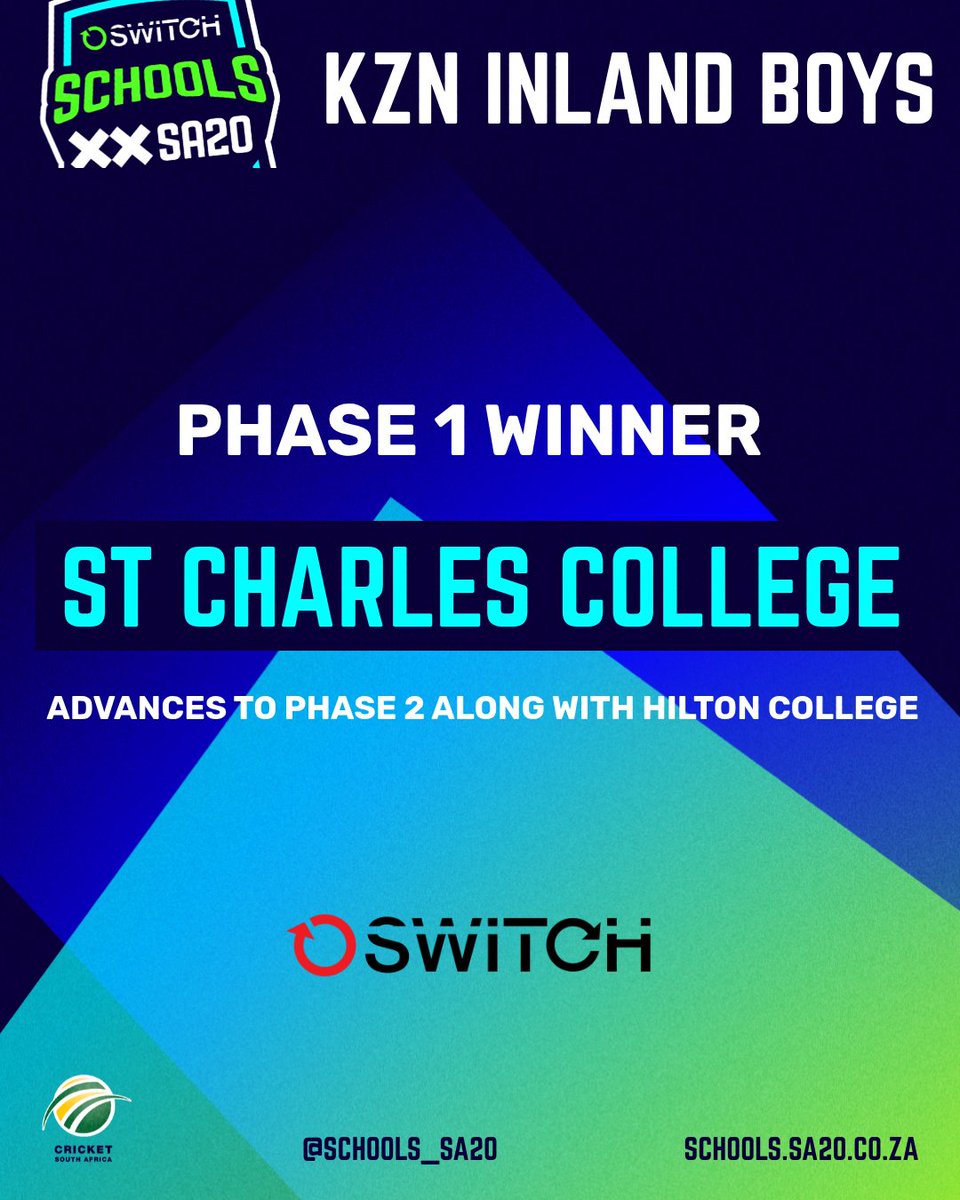 𝐂𝐎𝐍𝐅𝐈𝐑𝐌𝐄𝐃 #SwitchSchoolsSA20 𝐁𝐎𝐘𝐒 𝐐𝐔𝐀𝐋𝐈𝐅𝐈𝐄𝐃 𝐓𝐄𝐀𝐌𝐒 ✅

𝐊𝐙𝐍 𝐈𝐧𝐥𝐚𝐧𝐝 - St Charles (Phase 1 Winners🏆) &amp; Hilton College
𝐊𝐙𝐍 𝐂𝐨𝐚𝐬𝐭𝐚𝐥 - Westville BHS (Phase 1 Winners🏆) &amp; Northwood HS
𝐄𝐏 - St Andrews College (Phase 1 Winners🏆) &amp; Grey HS