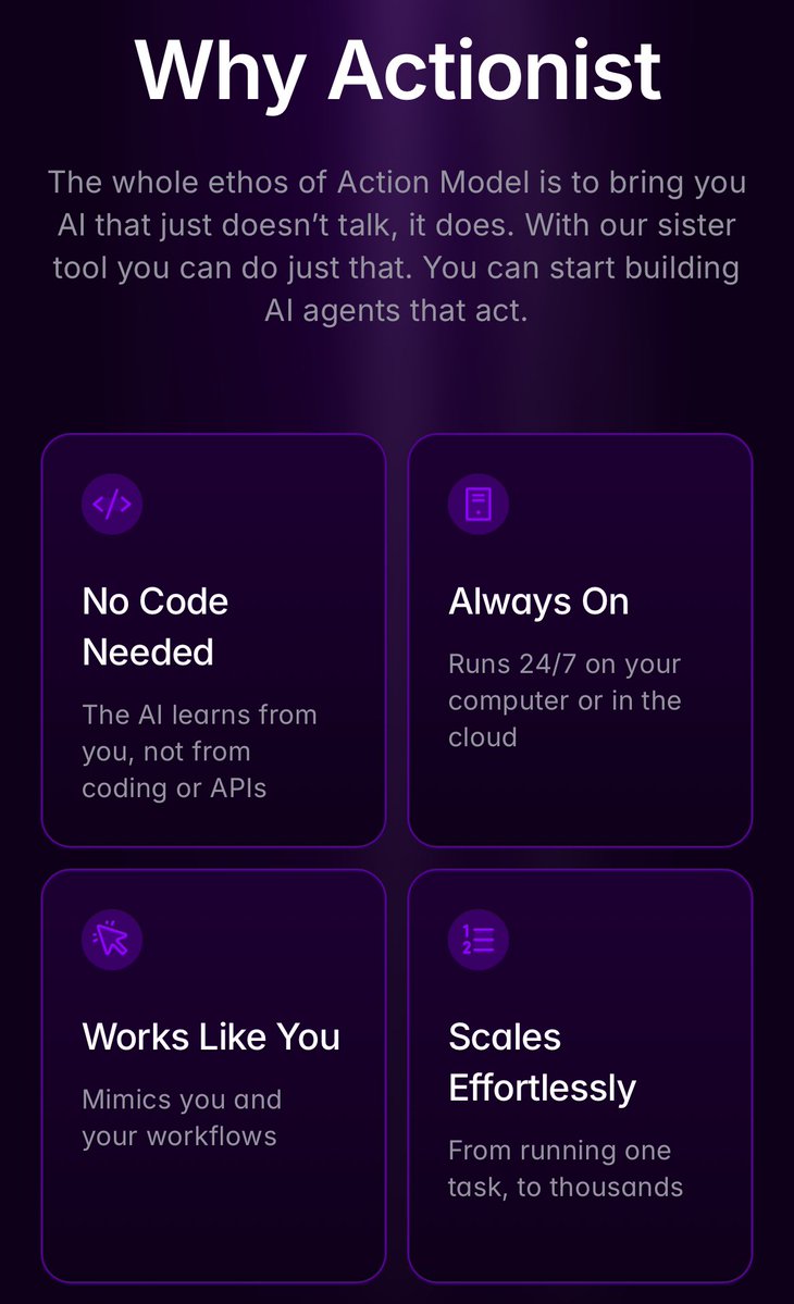 adsaiofficial's tweet image. Actionist is a product of @GetActionModel and it turns your computer into an autonomous worker. It sees your screen, moves your mouse, types your keys — and automates anything a human can do. The future of work is here. #ActionModel 

More info docs.actionmodel.com/actionist/acti…