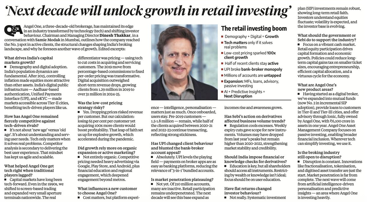 𝗧𝗲𝗰𝗵 𝗺𝗮𝘁𝘁𝗲𝗿𝘀 𝗼𝗻𝗹𝘆 𝘄𝗵𝗲𝗻 𝗶𝘁 𝘀𝗼𝗹𝘃𝗲𝘀 𝗮 𝗿𝗲𝗮𝗹 𝗽𝗿𝗼𝗯𝗹𝗲𝗺.

I have believed this for decades, and it remains the reason India’s retail investing story continues to expand.

In my conversation with <a href="/samiemodak/">Samie</a> of <a href="/bsindia/">Business Standard</a>, I spoke about how digital