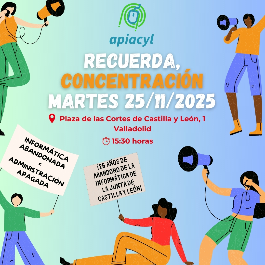 📢 𝗥𝗲𝗰𝘂𝗲𝗿𝗱𝗮: 𝗰𝗼𝗻𝗰𝗲𝗻𝘁𝗿𝗮𝗰𝗶ó𝗻 𝗱𝗲 𝗔𝗣𝗜𝗔𝗖𝗬𝗟 𝗲𝗹 𝗠𝗮𝗿𝘁𝗲𝘀 𝟮𝟱/𝟭𝟭/𝟮𝟱

📍 Plaza de las Cortes de Castilla y León, 1 (Valladolid)
⏰ 15:30 h

💥 ¡En defensa de nuestros derechos!
💪 Juntos hacemos fuerza.
🔊 Juntos se nos oye más.
#apiacyl