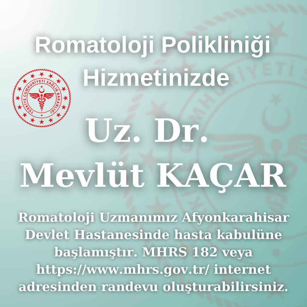 Romatoloji Polikliniği Hizmetinizde

Romatoloji Uzmanımız Uz. Dr. Mevlüt KAÇAR Afyonkarahisar Devlet Hastanesinde hasta kabulüne başlamıştır. MHRS 182 veya mhrs.gov.tr internet adresinden randevu oluşturabilirsiniz.