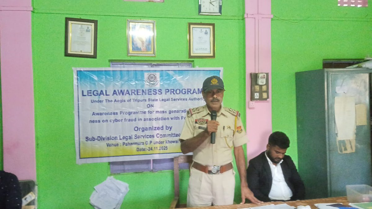 On 24/11/2025 an awareness/Prayaas meeting was conducted at Paharmura from 1530 hrs to 1630 hrs. Approx 50–60 local villagers attended the meeting. Topics discussed included Cybercrime, CAW, Child marriage and the harmful effects of drugs.
<a href="/tripura_cmo/">CMO Tripura</a> 
<a href="/Tripura_Police/">Tripura Police</a>