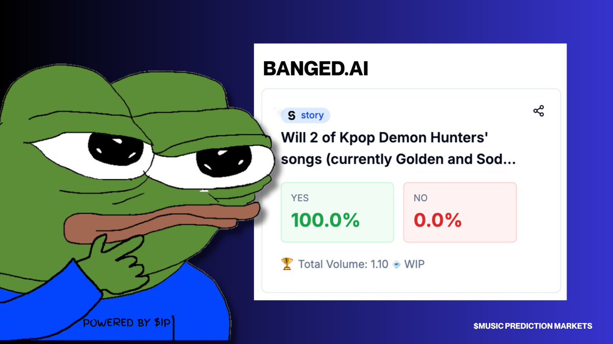 MusicByVirtuals's tweet image. The first prediction market built on @StoryProtocol is now live. Powered by $IP, built for culture.

From K-pop charts to token price swings, choose your side.

Every prediction mints an NFT that unlocks airdrop rewards!

Here&apos;s how to make a prediction on banged ai 👇