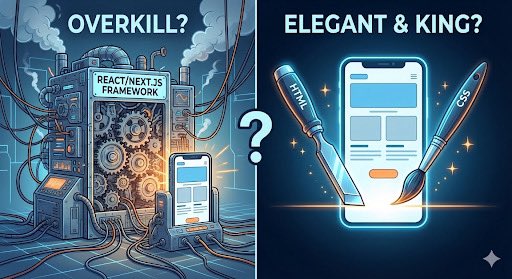 0xcode_l's tweet image. Unpopular opinion:

You don&apos;t need a heavy framework (React/Next.js) for a simple landing page. 

HTML + CSS is still king. 👑
Agree or Disagree? 🤷‍♂️
#JavaScript #TechTwitter #webdevelopmentbasics 
#FrontendDev #htmlcssjavascript 
#Web3Builders