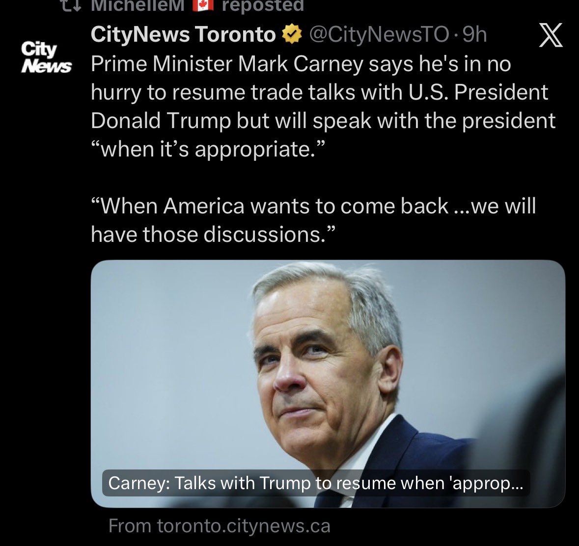 RMapleCan's tweet image. He’s been nothing but respectful, despite the undiplomatic stance of Trump.  
He even apologized for an Ontario ad. 
He was the adult in the room and said he’s ready to resume talks when Trump is. 
What did he get in return? More bullying. 
So yes, what he said is not wrong!!