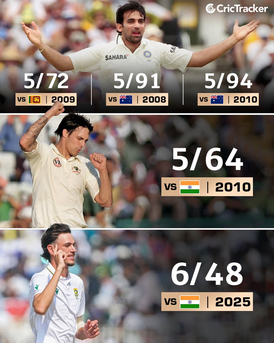 Cricketracker's tweet photo. Marco Jansen becomes only the third left-arm pacer to claim a Test five-fer in India since 1988, joining Zaheer Khan (three times) and Mitchell Johnson, who achieved the feat in Mohali in 2010. 

#MarcoJansen #INDvsSA #MitchellJohnson #ZaheerKhan https://t.co/y6tqdE64qZ