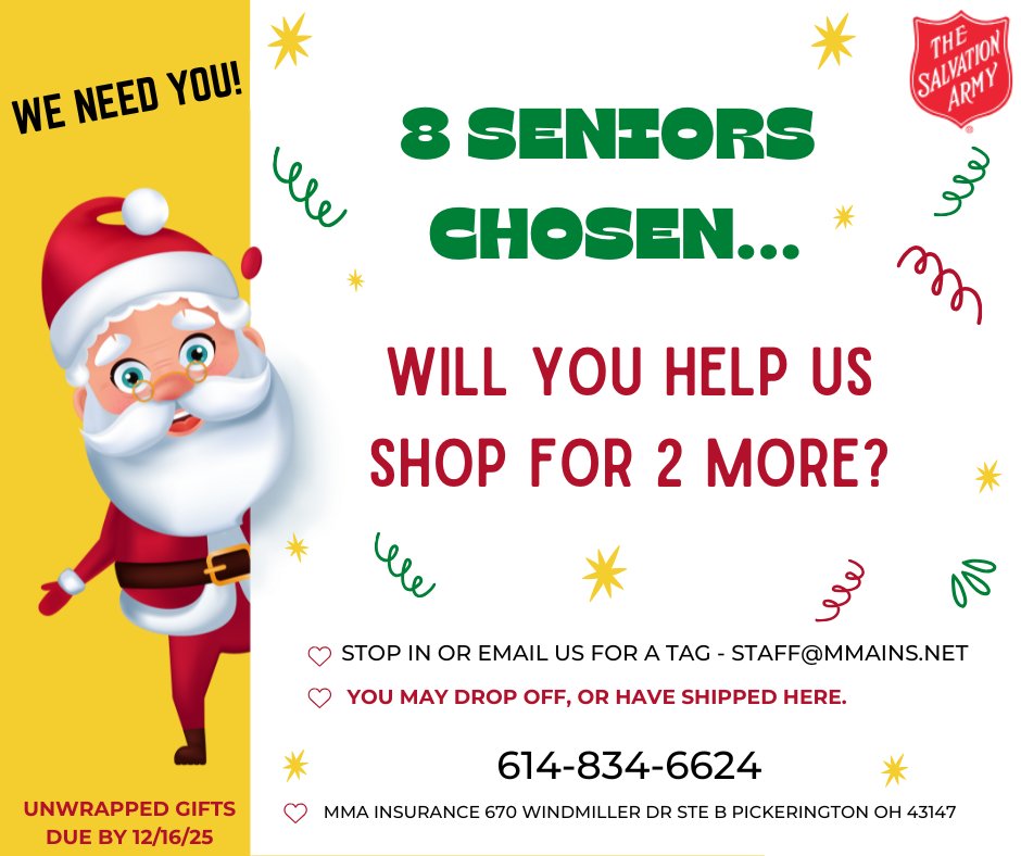 MMAInsuranceOH's tweet photo. We need you!
🎅Who can help us with a senior citizen this holiday season? Their wish lists are simple. 
Items included: towels, pajamas, toiletries, coloring books, DVDs, etc. 

🎅Stop in or email us for an angel tag. 
Staff@mmains.net https://t.co/GyWMngqPQf