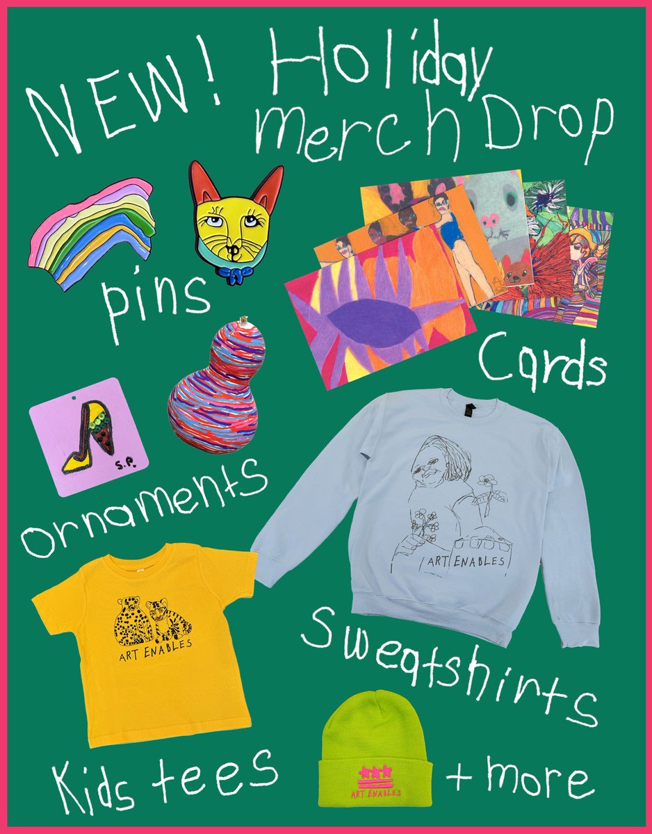 New merch is dropping, and it’s wilder than holiday airport energy. Limited-edition pins, ornaments, tees, cards, sweatshirts! Only at our Holiday Market on 12/6! One day only, one big perk: all Art Enables art + merch is 20% off. 

Art Enables &amp; Holiday Market: 12/6 | 11am-5pm
